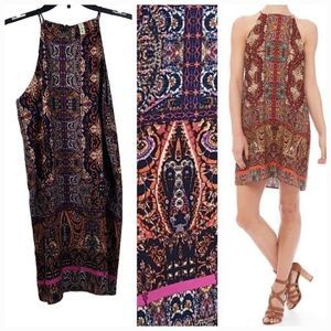 Tyche Navy Tribal Print Trapeze Shift Mini Dress Sleeveless High Neck Summer
